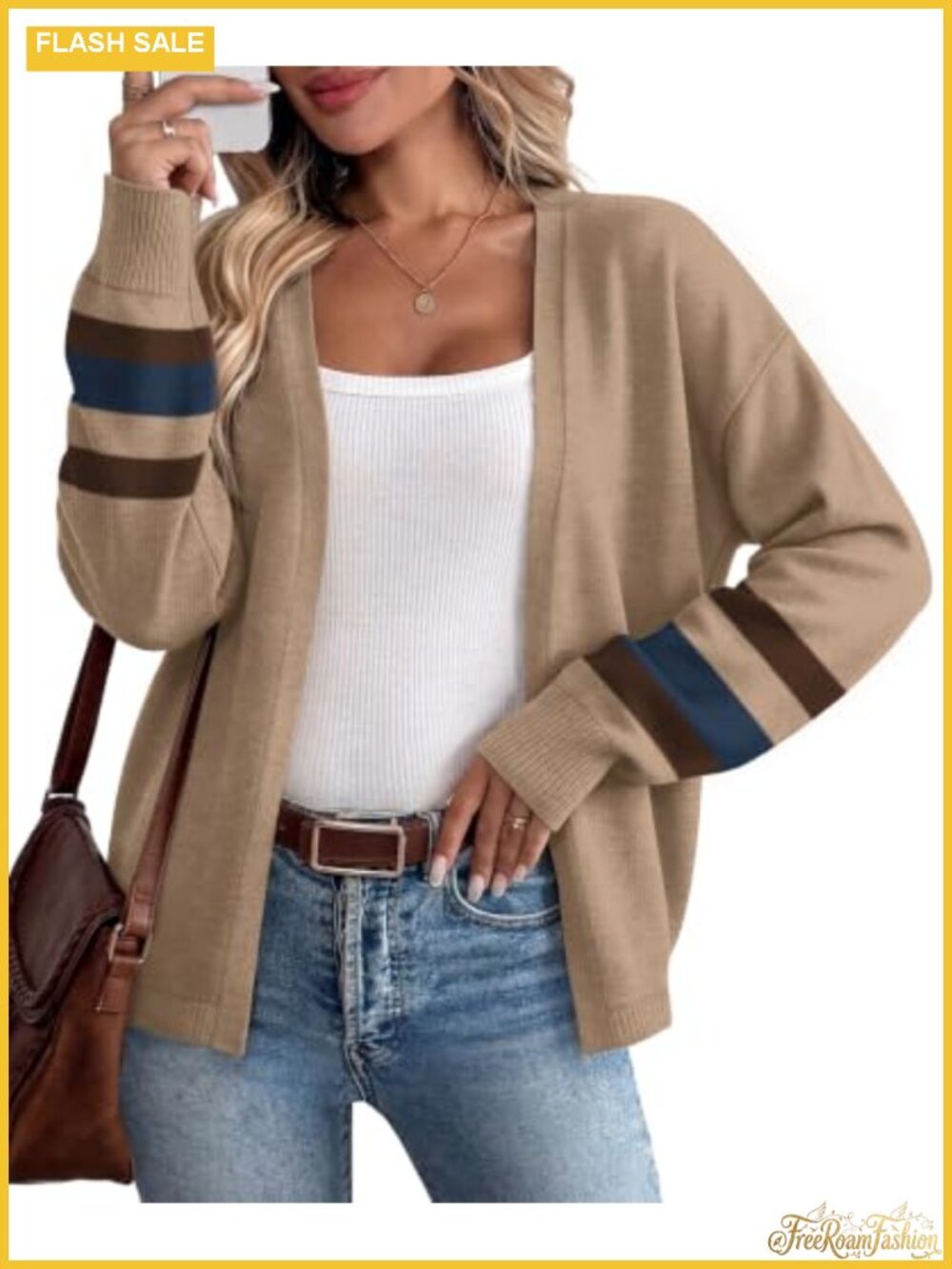 WIHOLL Women's Open Front Knit Cardigan Balloon Sleeve Striped Cuffs